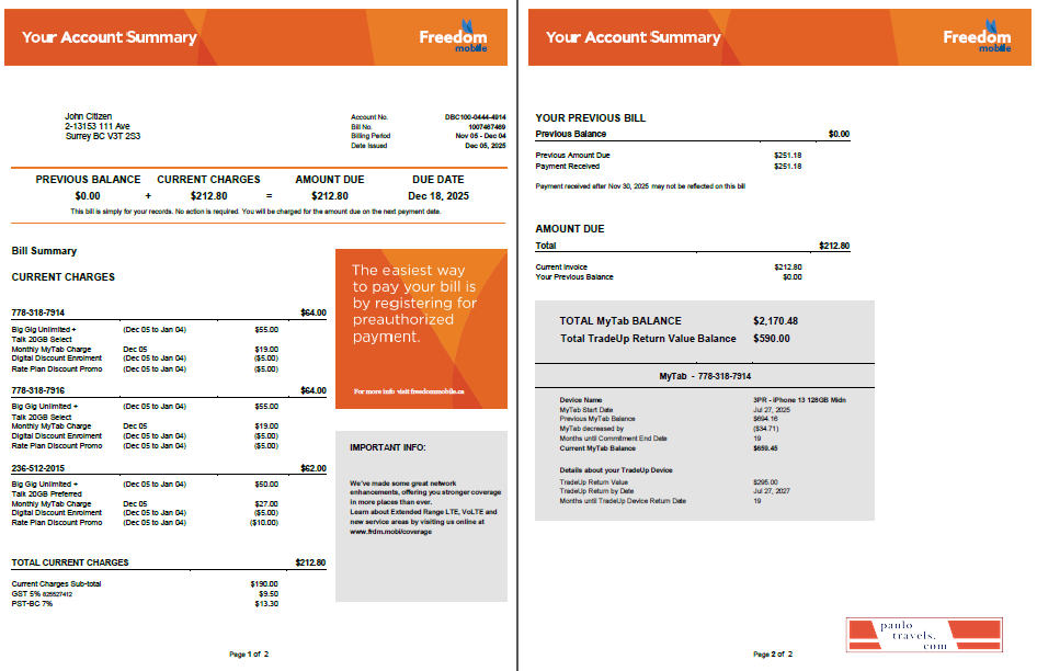 Canada Freedom Mobile utility bill template in Word and PDF formats, 2 pages